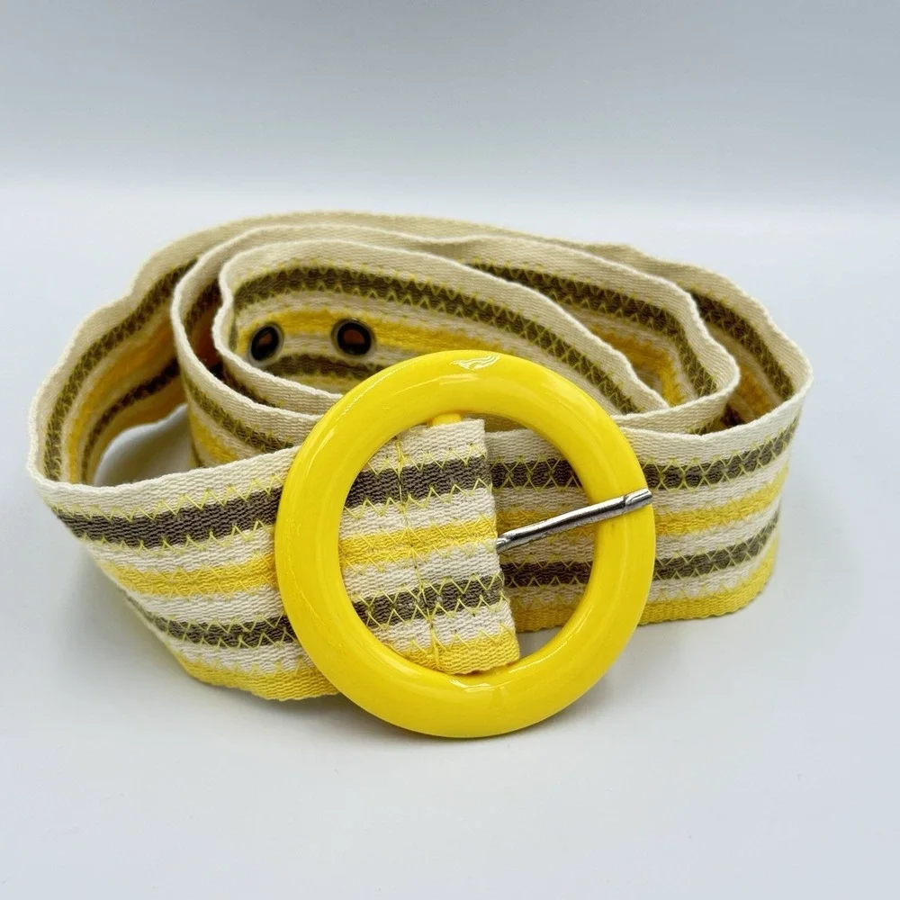 VTG‎ Y2K Yellow Stripe Woven Belt Round Buckle Retro Mod Preppy 32-36 Womens